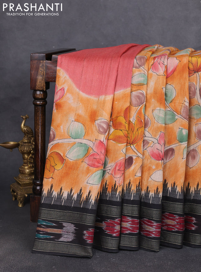 Pure tussar silk saree orange and black with allover kalamkari prints and temple design ikat zari woven border