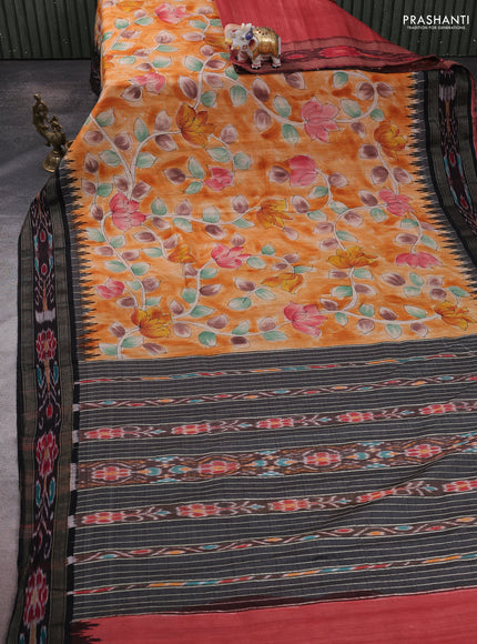 Pure tussar silk saree orange and black with allover kalamkari prints and temple design ikat zari woven border