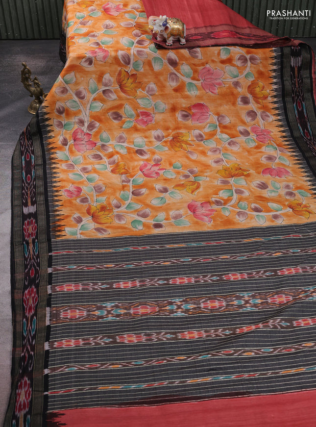 Pure tussar silk saree orange and black with allover kalamkari prints and temple design ikat zari woven border