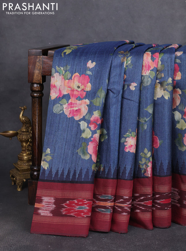 Pure tussar silk saree indigo blue and deep maroon with allover floral prints and temple design ikat zari woven border