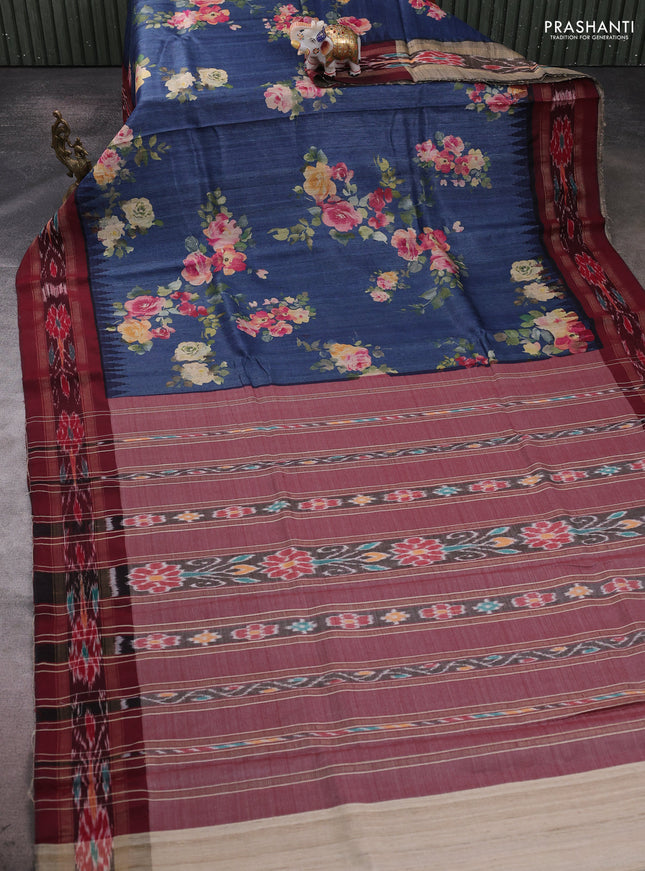 Pure tussar silk saree indigo blue and deep maroon with allover floral prints and temple design ikat zari woven border