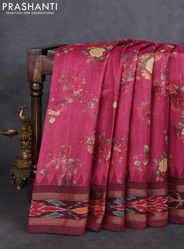 Pure tussar silk saree dark pink and deep maroon with allover floral prints and ikat zari woven border