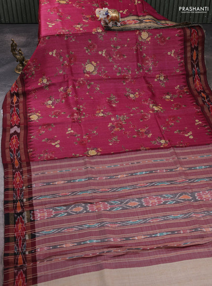Pure tussar silk saree dark pink and deep maroon with allover floral prints and ikat zari woven border