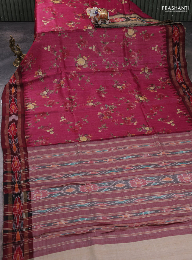 Pure tussar silk saree dark pink and deep maroon with allover floral prints and ikat zari woven border