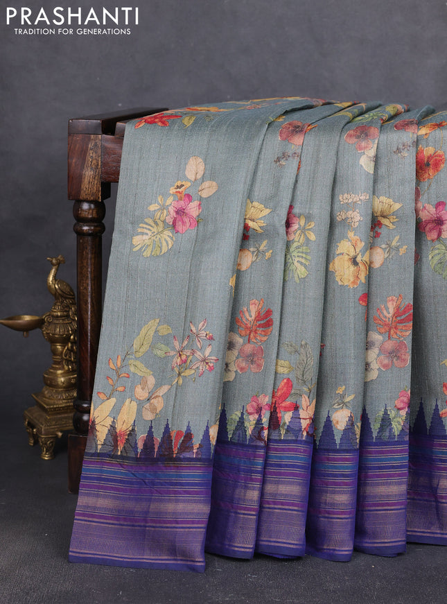 Pure tussar silk saree grey and navy blue with allover floral prints and temple design zari woven border