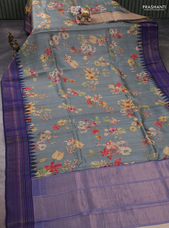 Pure tussar silk saree grey and navy blue with allover floral prints and temple design zari woven border