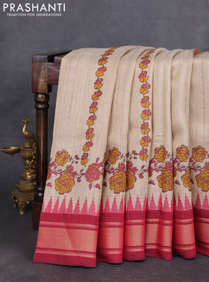 Pure tussar silk saree beige and maroon with allover floral prints and temple design zari woven border