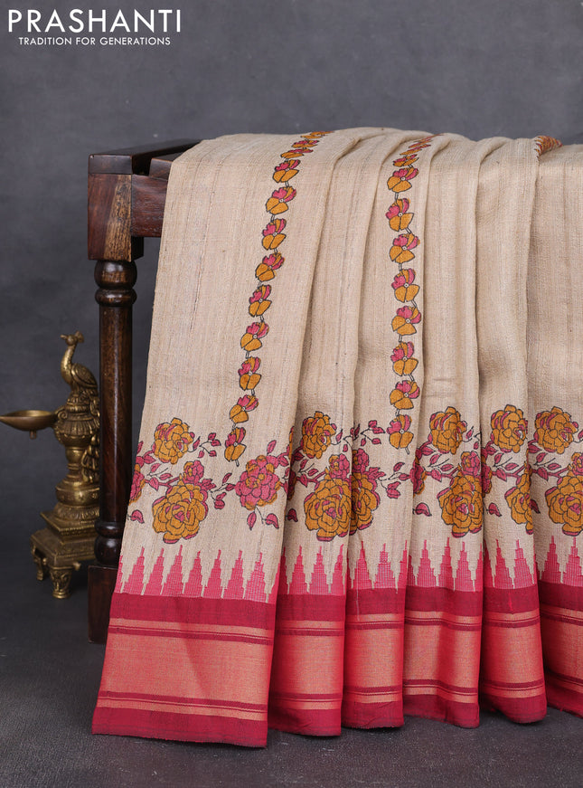 Pure tussar silk saree beige and maroon with allover floral prints and temple design zari woven border