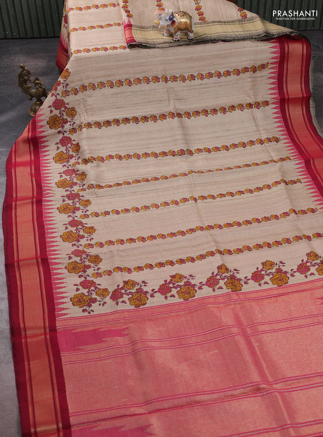 Pure tussar silk saree beige and maroon with allover floral prints and temple design zari woven border