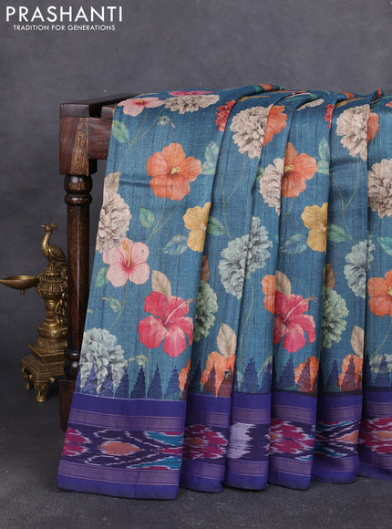 Pure tussar silk saree peacock blue shade and navy blue with allover floral prints and temple design ikat zari woven border