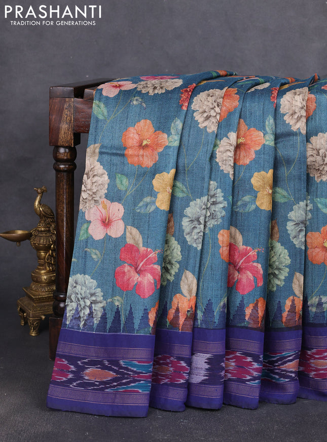 Pure tussar silk saree peacock blue shade and navy blue with allover floral prints and temple design ikat zari woven border