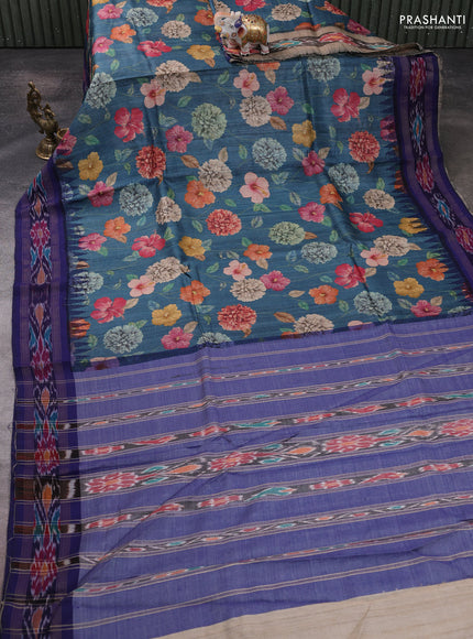 Pure tussar silk saree peacock blue shade and navy blue with allover floral prints and temple design ikat zari woven border