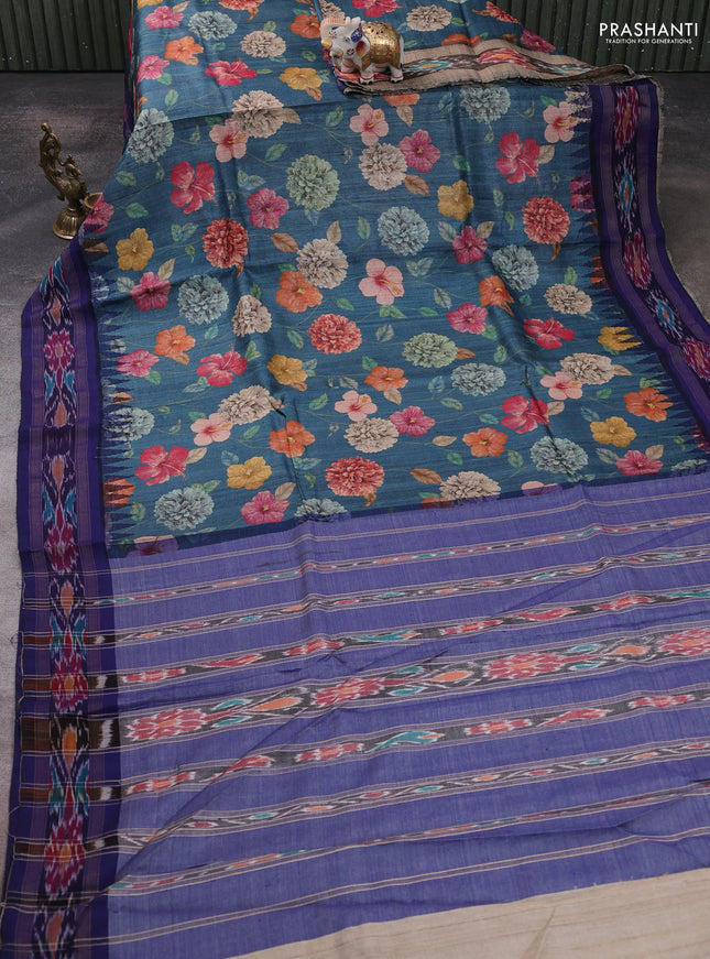 Pure tussar silk saree peacock blue shade and navy blue with allover floral prints and temple design ikat zari woven border