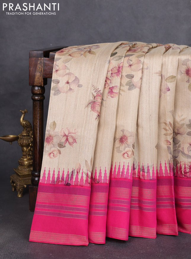 Pure tussar silk saree beige and pink with allover floral prints and long temple design rettapet zari woven border