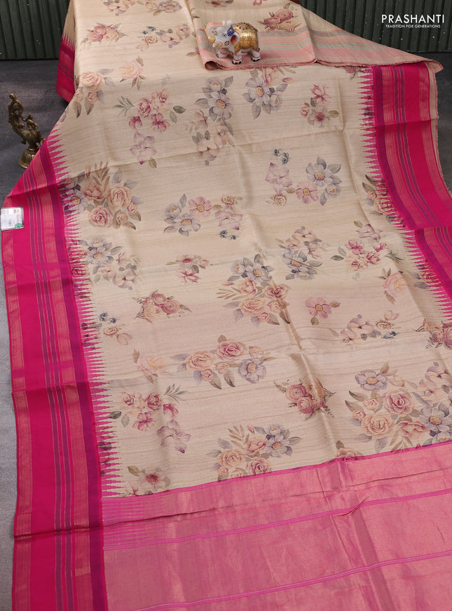 Pure tussar silk saree beige and pink with allover floral prints and long temple design rettapet zari woven border