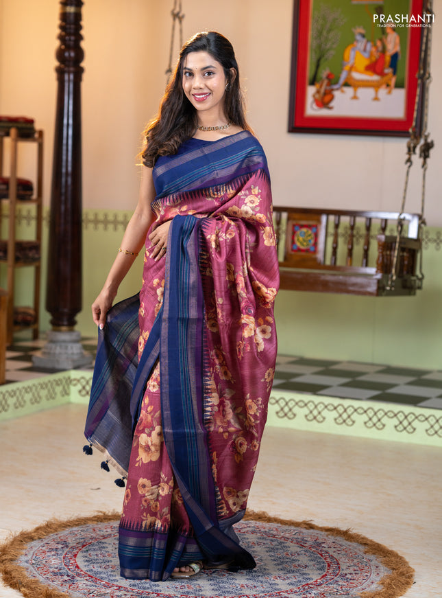 Pure tussar silk saree mauve pink and navy blue with allover floral prints and long temple design rettapet zari woven border