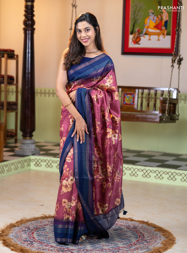 Pure tussar silk saree mauve pink and navy blue with allover floral prints and long temple design rettapet zari woven border