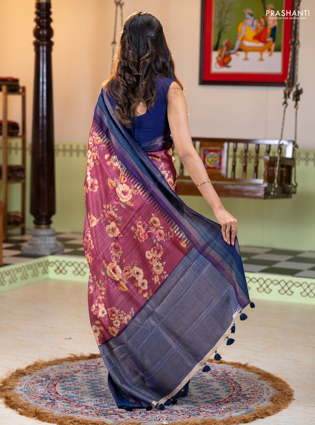Pure tussar silk saree mauve pink and navy blue with allover floral prints and long temple design rettapet zari woven border