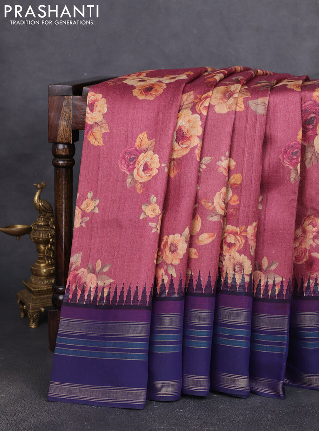 Pure tussar silk saree mauve pink and navy blue with allover floral prints and long temple design rettapet zari woven border