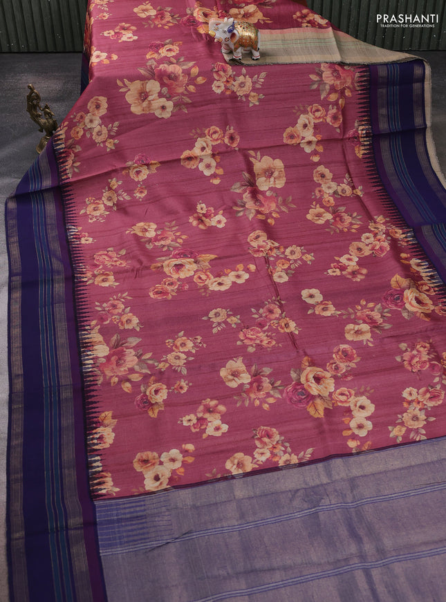 Pure tussar silk saree mauve pink and navy blue with allover floral prints and long temple design rettapet zari woven border