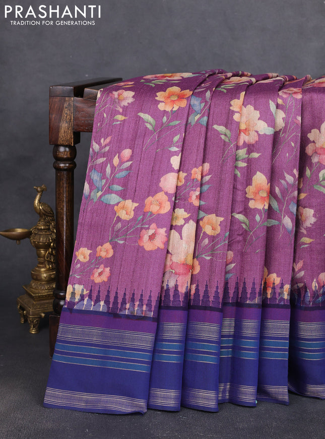 Pure tussar silk saree purple shade and navy blue with allover floral prints and long temple design rettapet zari woven border
