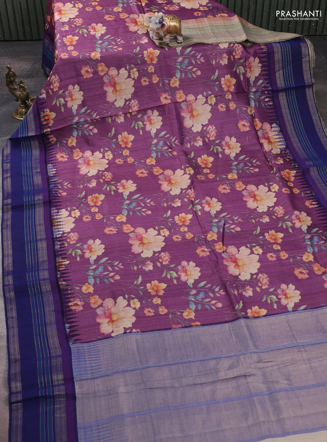 Pure tussar silk saree purple shade and navy blue with allover floral prints and long temple design rettapet zari woven border