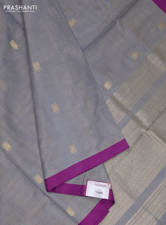 Kanchipuram silk cotton saree grey and purple with zari woven buttas and simple border