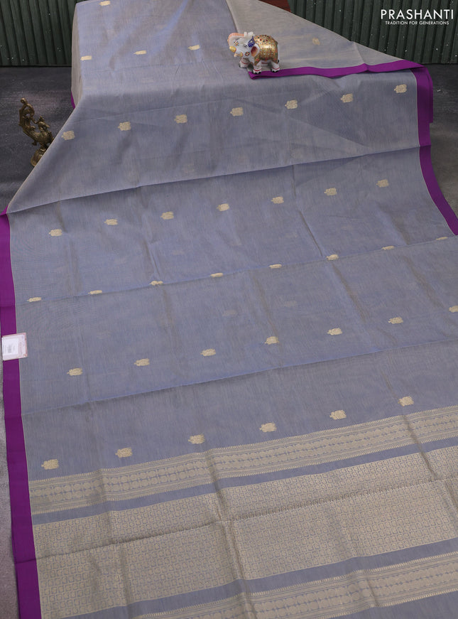 Kanchipuram silk cotton saree grey and purple with zari woven buttas and simple border