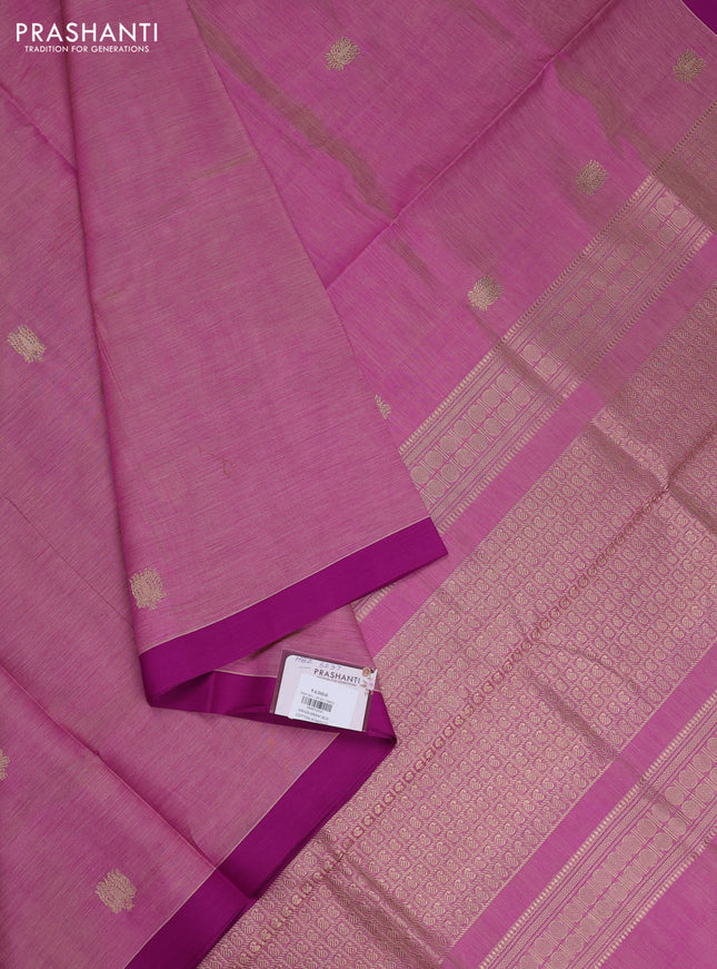 Kanchipuram silk cotton saree magenta pink with zari woven buttas and simple border