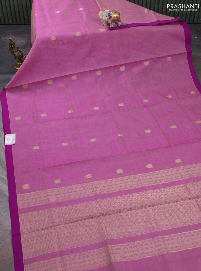 Kanchipuram silk cotton saree magenta pink with zari woven buttas and simple border