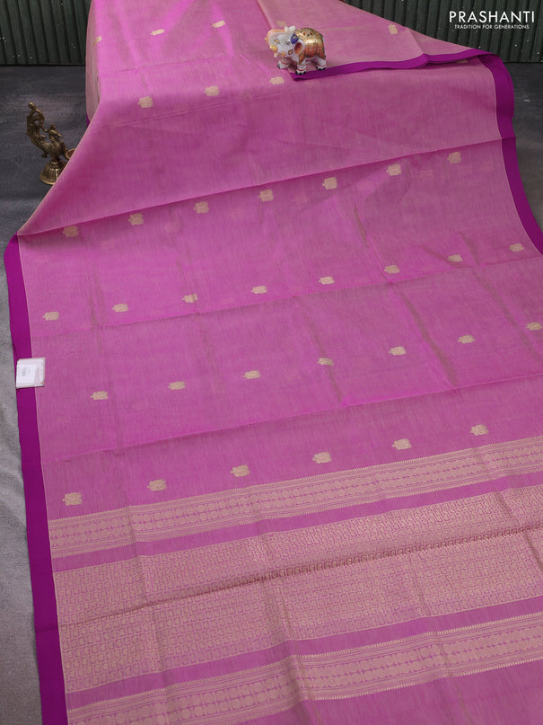 Kanchipuram silk cotton saree magenta pink with zari woven buttas and simple border