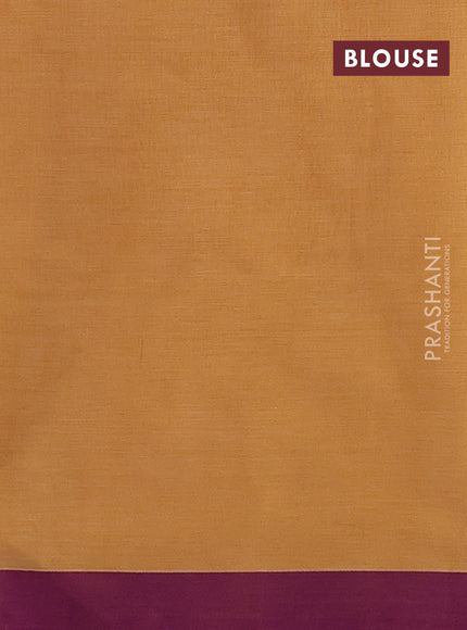 Kanchipuram silk cotton saree mustard yellow and purple with zari woven buttas and simple border