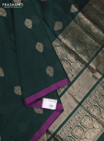 Kanchipuram silk cotton saree bottle green and purple with zari woven buttas and simple border