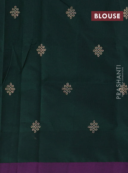Kanchipuram silk cotton saree bottle green and purple with zari woven buttas and simple border