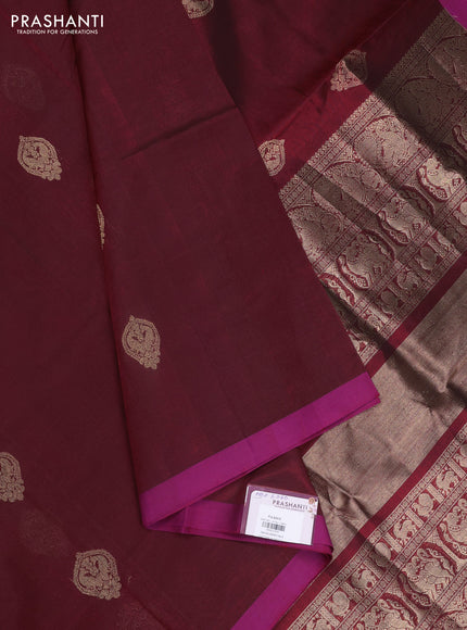 Kanchipuram silk cotton saree deep maroon and magenta pink with zari woven buttas and simple border