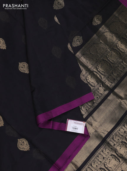 Kanchipuram silk cotton saree black and purple with zari woven buttas and simple border