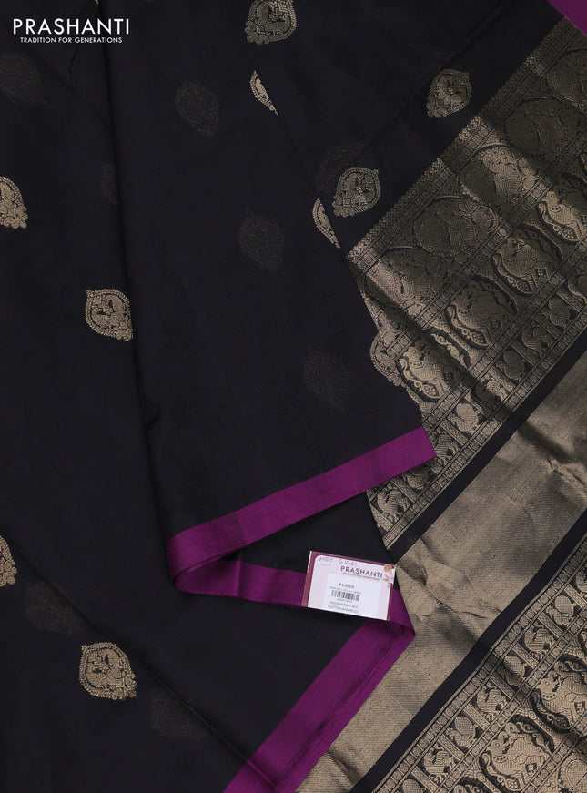 Kanchipuram silk cotton saree black and purple with zari woven buttas and simple border