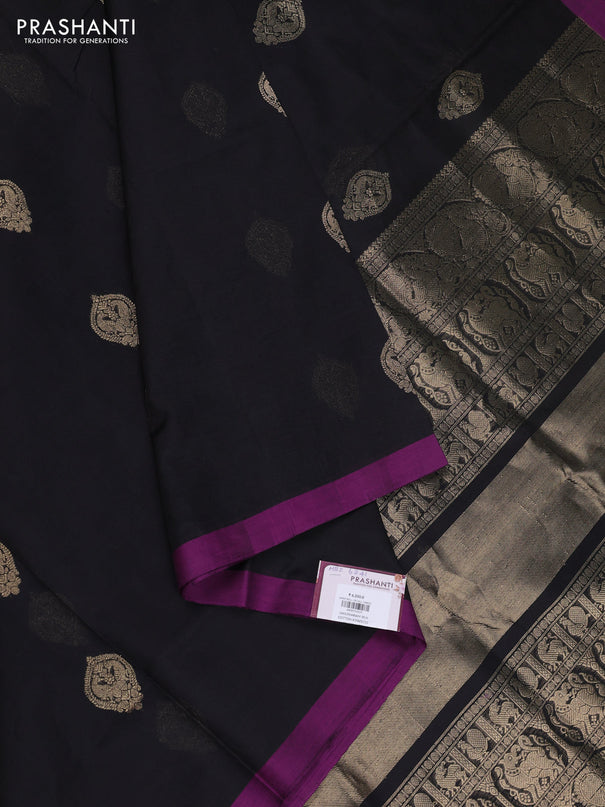 Kanchipuram silk cotton saree black and purple with zari woven buttas and simple border