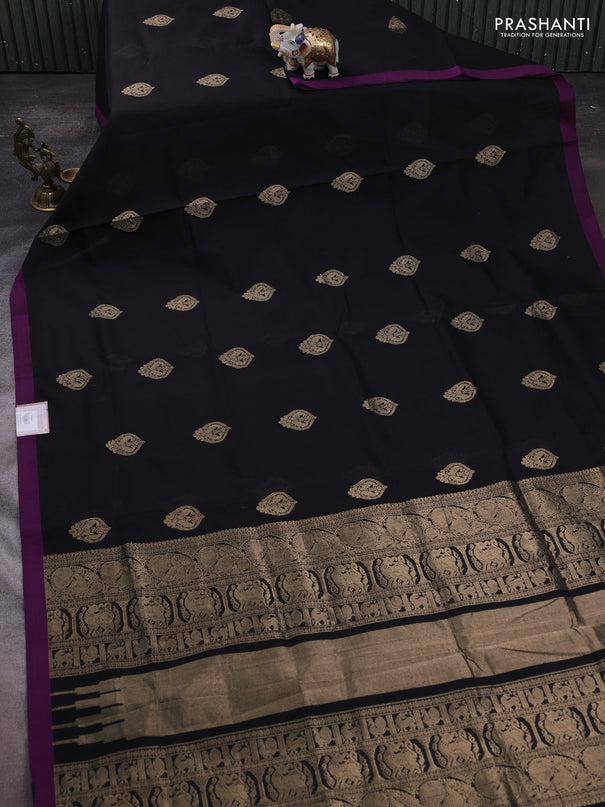 Kanchipuram silk cotton saree black and purple with zari woven buttas and simple border