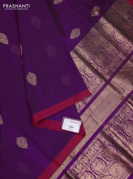 Kanchipuram silk cotton saree purple and maroon with zari woven buttas and simple border