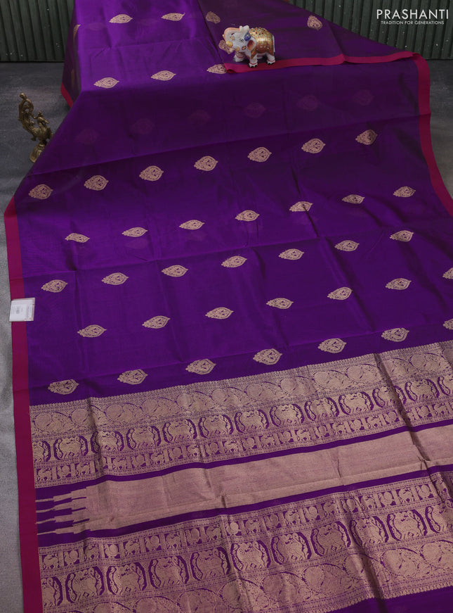 Kanchipuram silk cotton saree purple and maroon with zari woven buttas and simple border