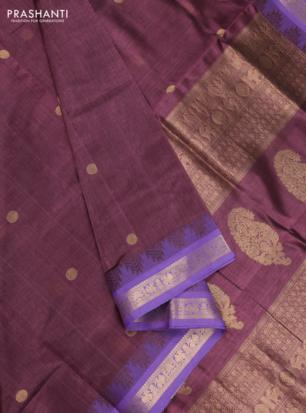 Kanchipuram silk cotton saree rosy brown and lavender with zari woven buttas and temple design zari woven border