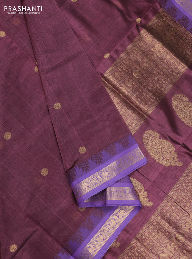 Kanchipuram silk cotton saree rosy brown and lavender with zari woven buttas and temple design zari woven border