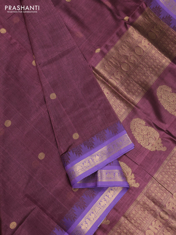 Kanchipuram silk cotton saree rosy brown and lavender with zari woven buttas and temple design zari woven border
