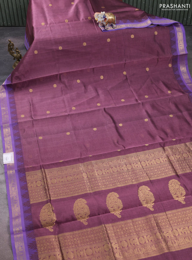 Kanchipuram silk cotton saree rosy brown and lavender with zari woven buttas and temple design zari woven border