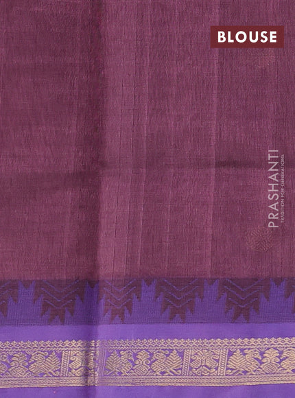 Kanchipuram silk cotton saree rosy brown and lavender with zari woven buttas and temple design zari woven border