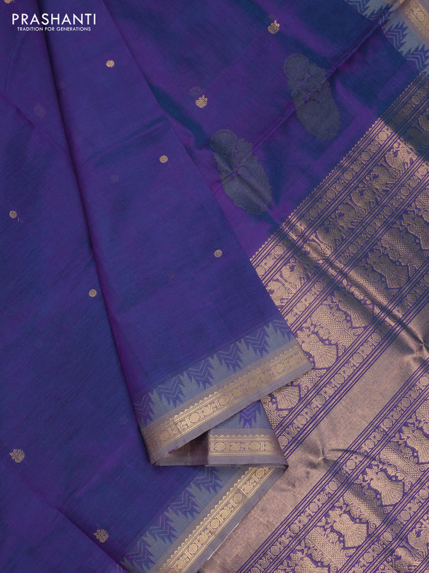 Kanchipuram silk cotton saree dual shade of greenish purple and grey with zari woven buttas and temple design zari woven border
