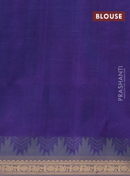 Kanchipuram silk cotton saree dual shade of greenish purple and grey with zari woven buttas and temple design zari woven border