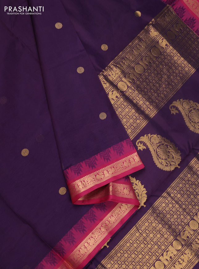 Kanchipuram silk cotton saree violet and pink with zari woven buttas and temple design zari woven border