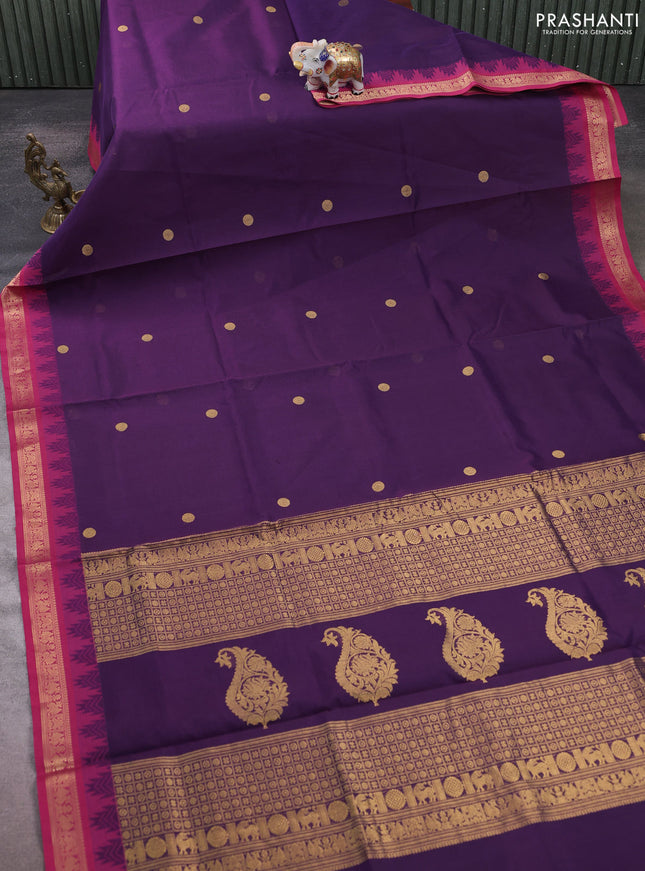Kanchipuram silk cotton saree violet and pink with zari woven buttas and temple design zari woven border